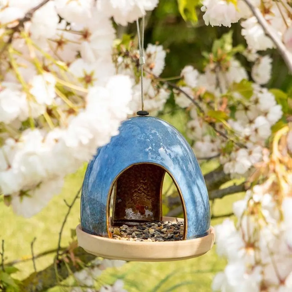 Ceramic hanging bird feeder - blue
