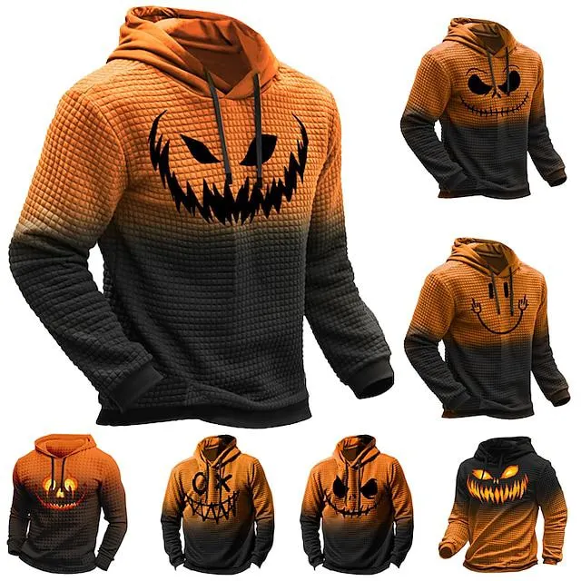 Pumpkin Graphic Prints Daily Classic Casual Men's 3D Print Pullover Halloween Holiday Going out Hoodies Waffle Hoodie Black Yellow Orange Long Sleeve Hooded Print Spring & Fall Designer