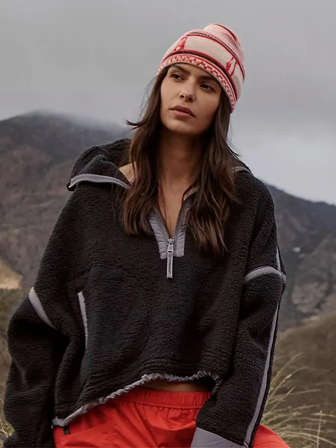 Plush Sweatshirt Long Sleeves Chic Color Block Stand Collar Winter Tops For Women