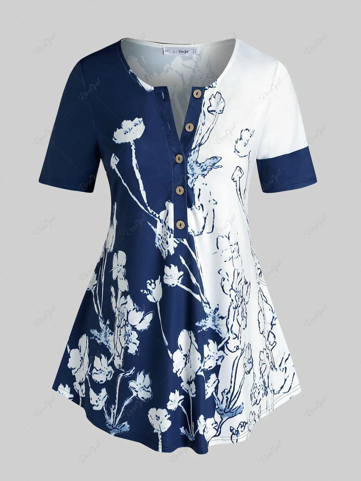 Plus Size Half Button Floral Print Colorblock Tee - L | Us 12