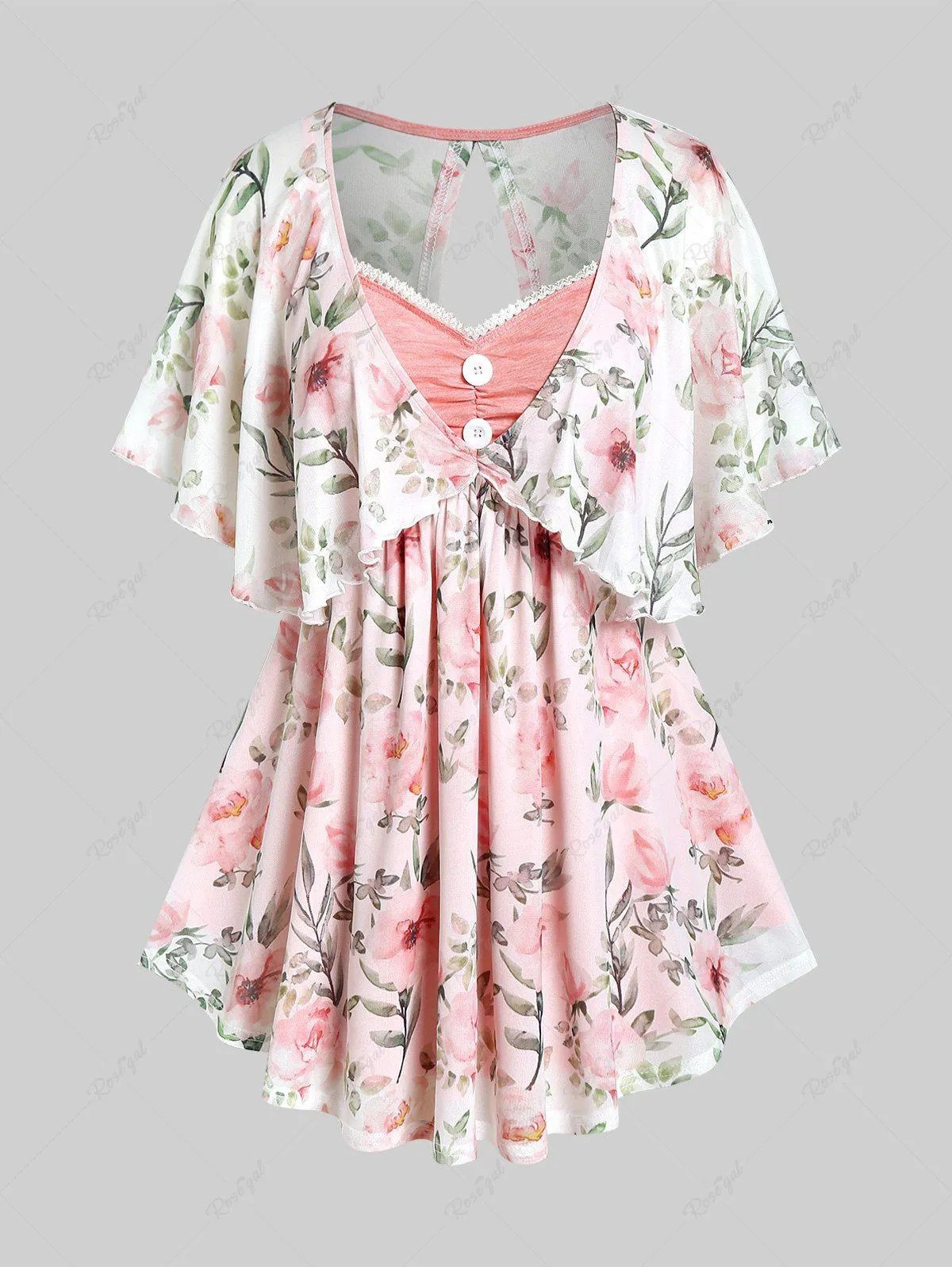 Plus Size Cottagecore Cutout Flounce Floral 2 in 1 Capelet Top - 1x | Us 14-16