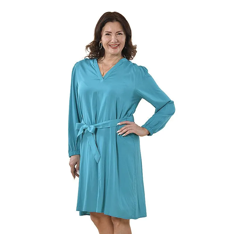 TAMSY Plain Dress with Adjustable Waist Belt - Turquoise