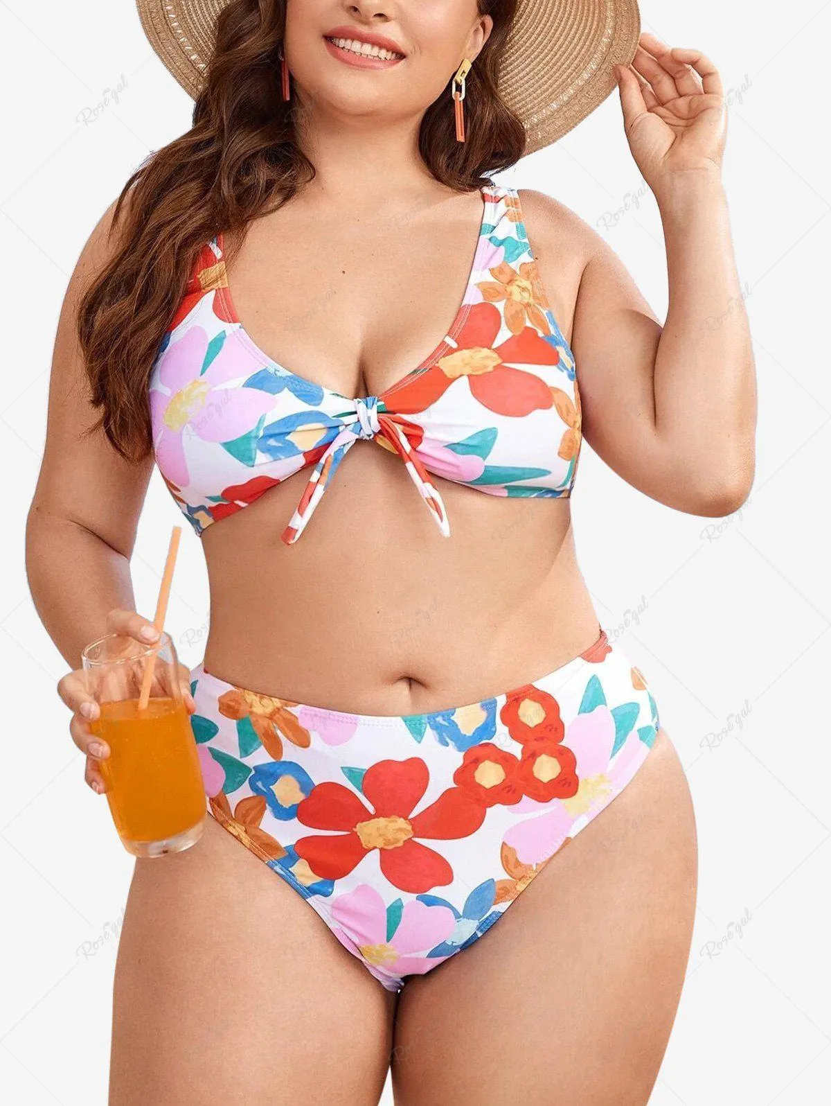 Plus Size Flower Printed Bowknot Padded Bikini Swimsuit - 3xl