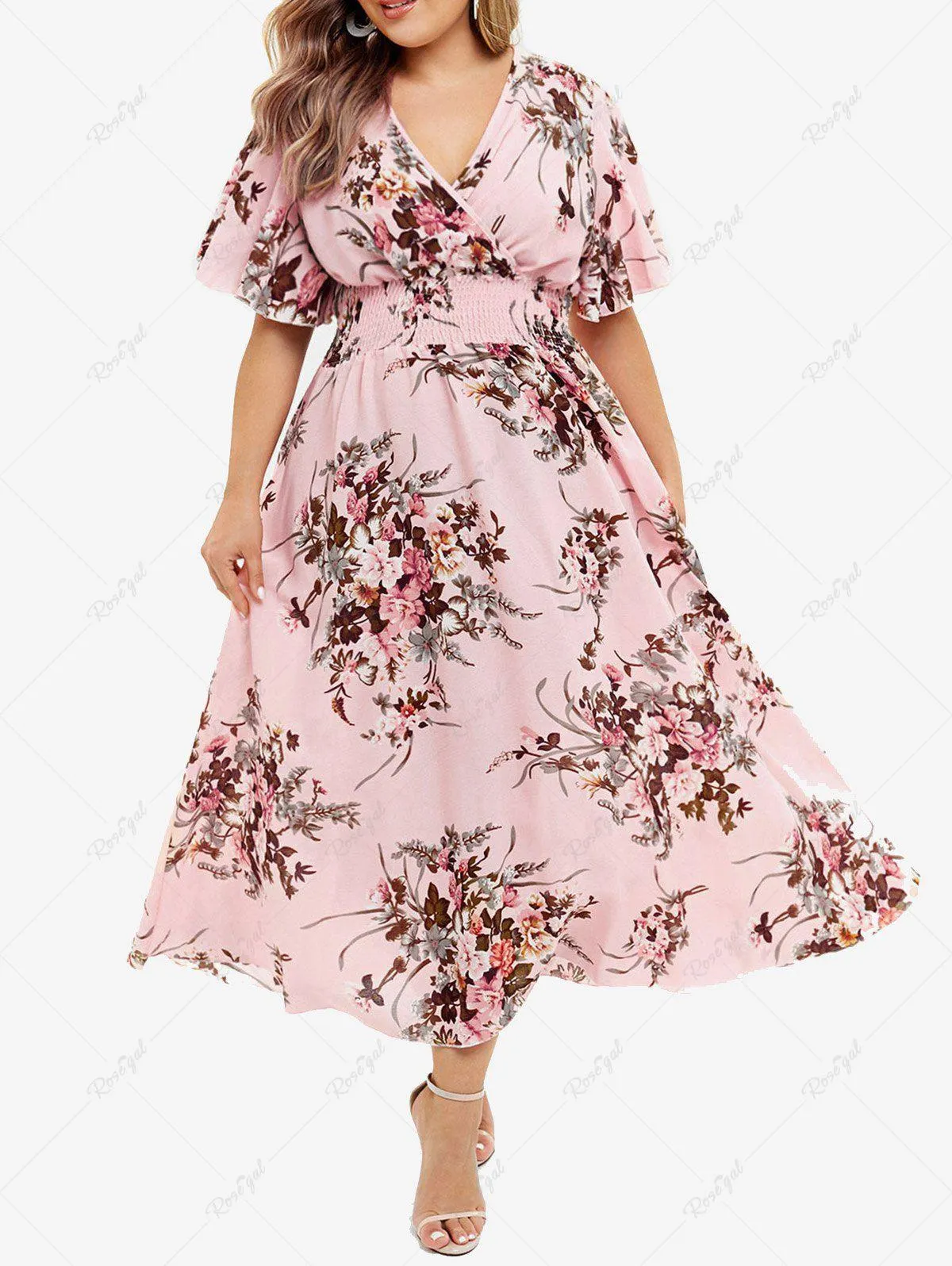 Plus Size Floral High Waisted Flutter Sleeves A Line Surplice Dress - 5xl
