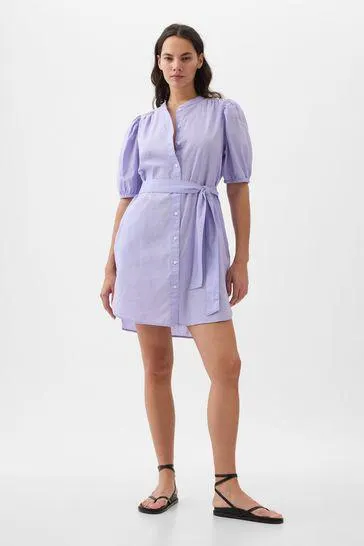 Linen Blend Short Puff Sleeve Mini Shirt Dress