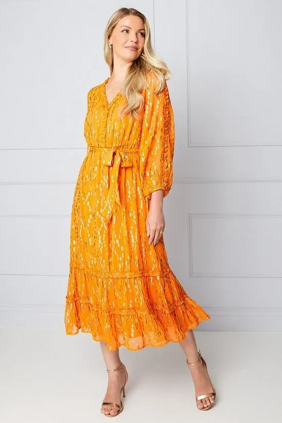 Metallic Ruffle Tiered Midi Dress