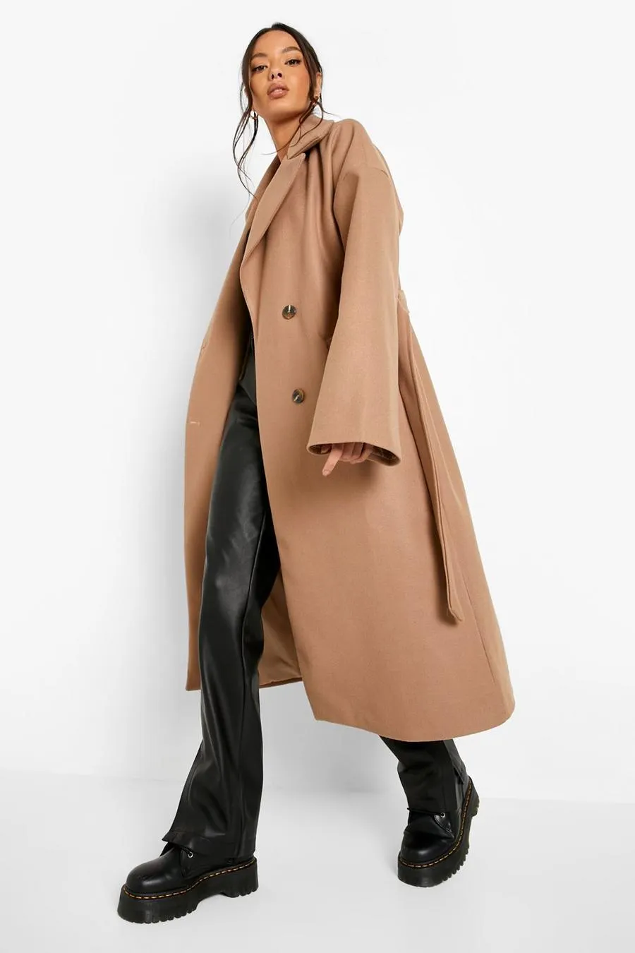 Self Belted Drop Sleeve Wool Look Coat