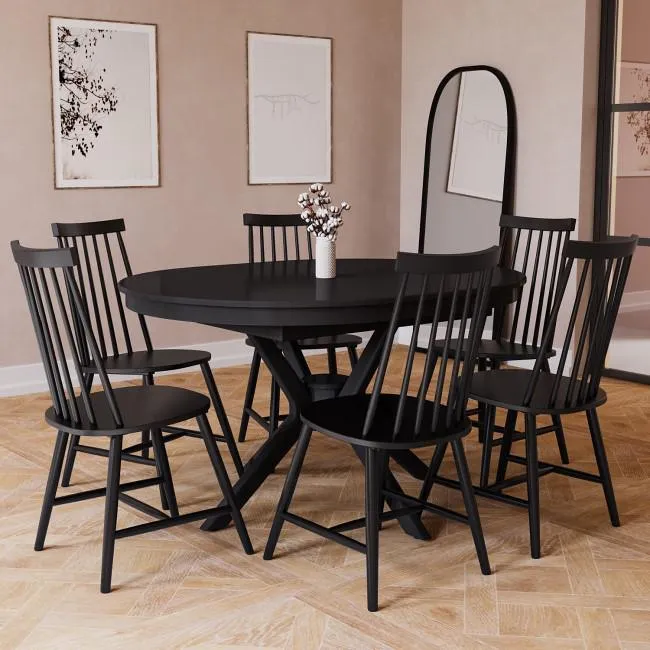 Round Black Extendable Dining Table Set with 6 Black Spindle Back Chairs - Seats 6 - Karie