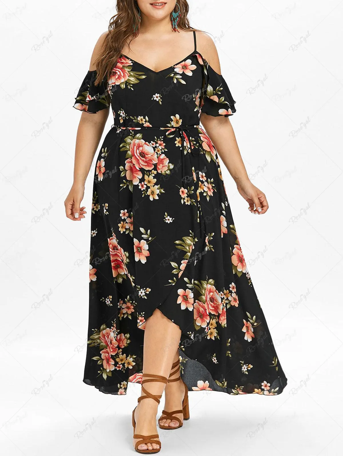 Plus Size Flower Print Lace Up Split Cold Shoulder Dress - 4x | Us 26-28
