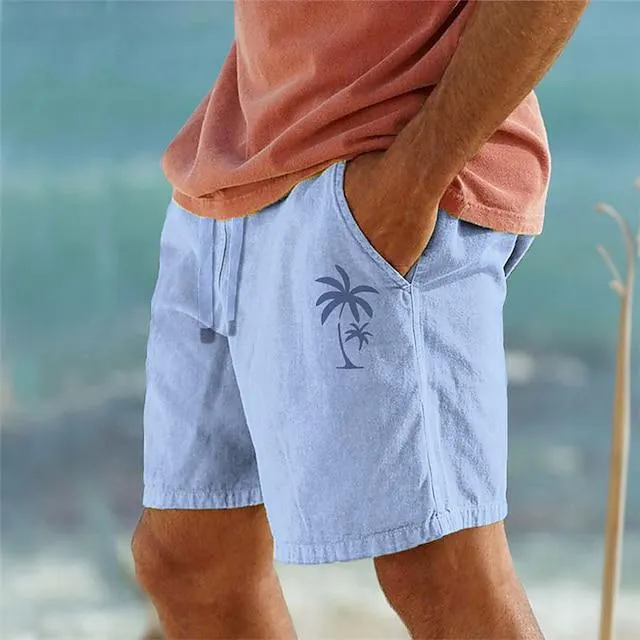 Men's Cotton Shorts Summer Shorts Beach Shorts Drawstring Elastic Waist 3D Print Graphic Coconut Tree Breathable Soft Short Casual Daily Holiday Streetwear Hawaiian Black White Micro-elastic