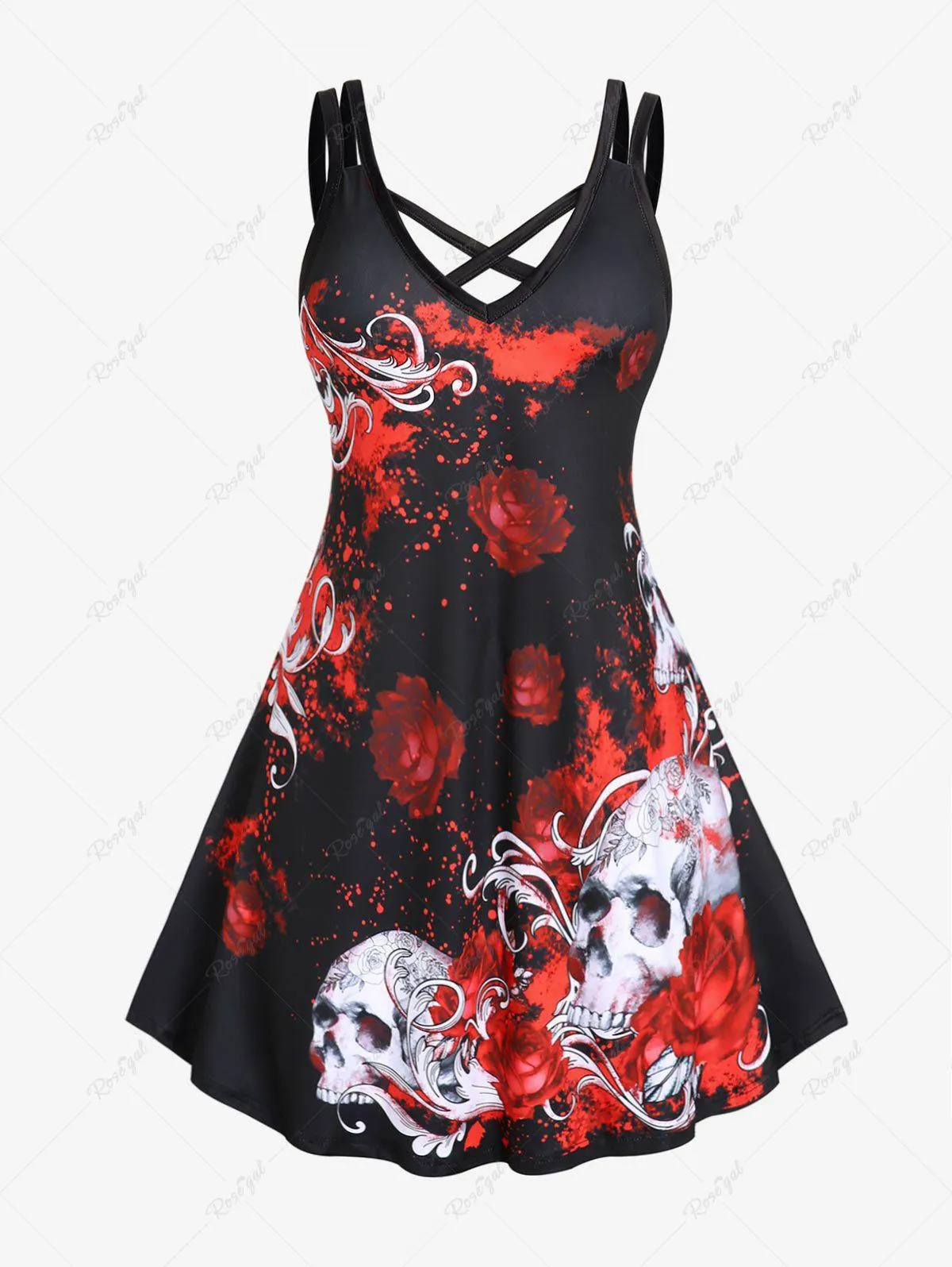 Plus Size & Curve Gothic Crisscross Rose Skulls A Line Dress - 3x | Us 22-24