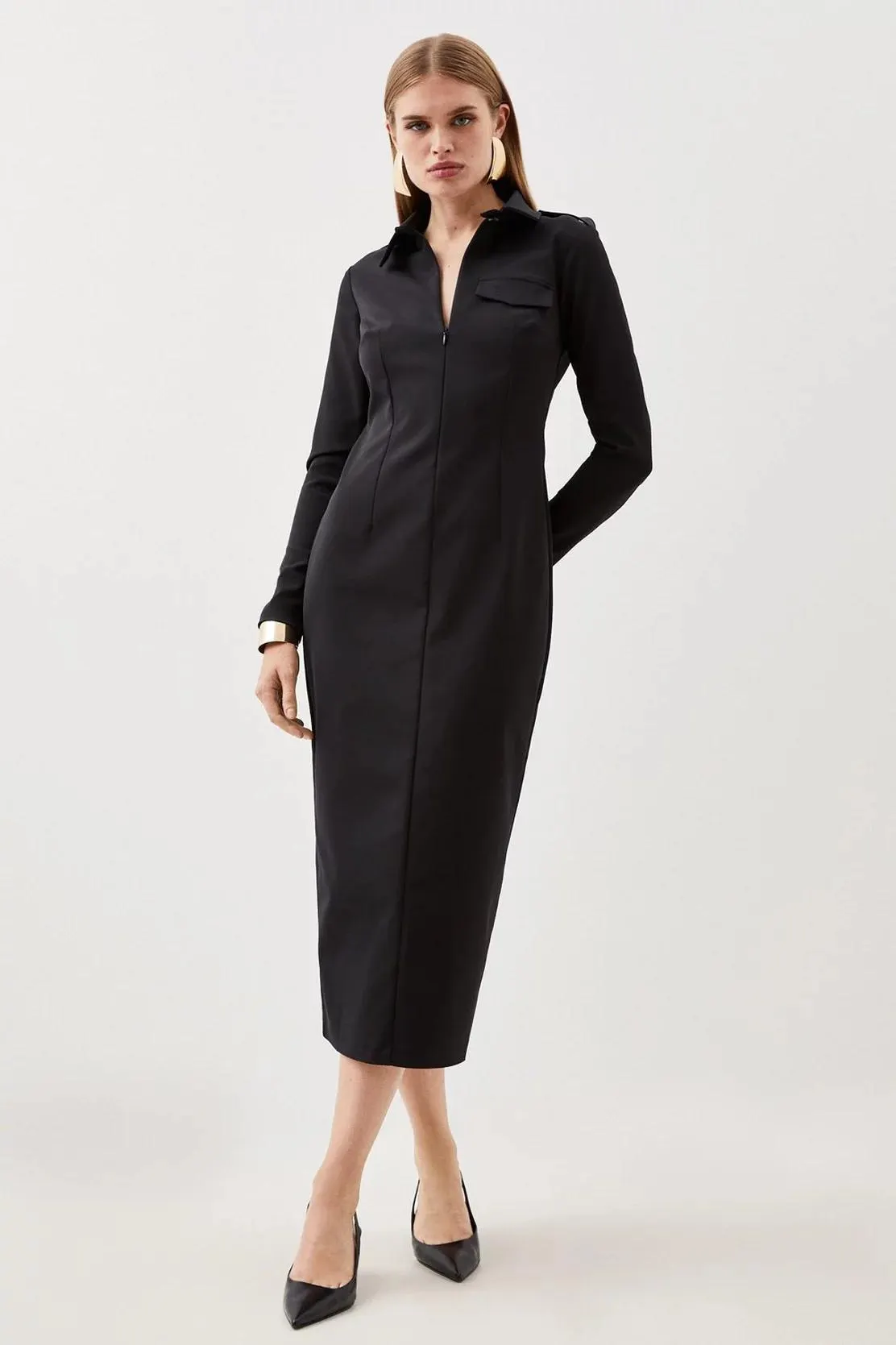 Tailored Pocket Detail Fitted Maxi Shirt Dress