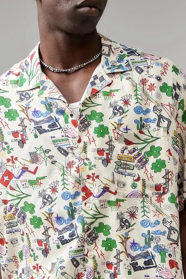 BDG White Doodle Short-Sleeved Shirt