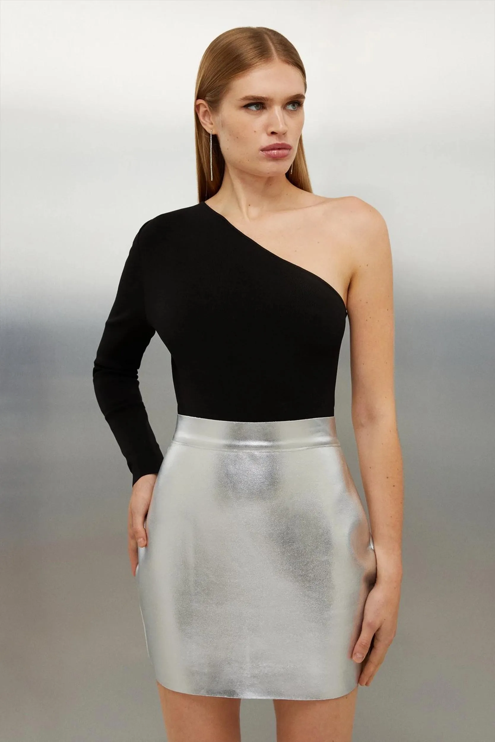 Figure Form Bandage Foiled Knit Mini Skirt