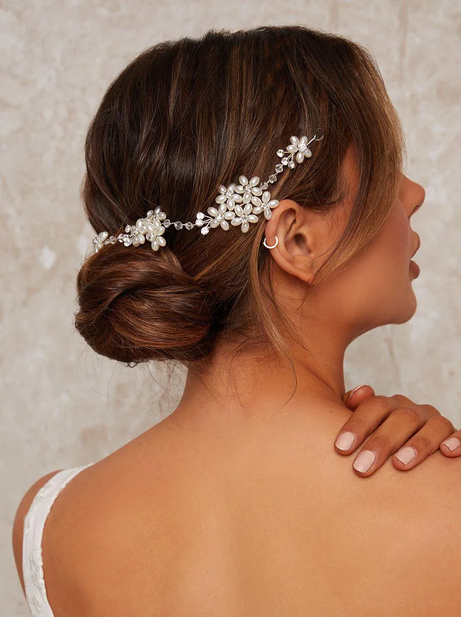 Pearl & Diamante Floral Beaded Hair Piece in Silver