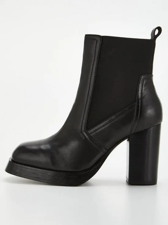 Real Leather Platform Chelsea Boot with Stack Heel - Black