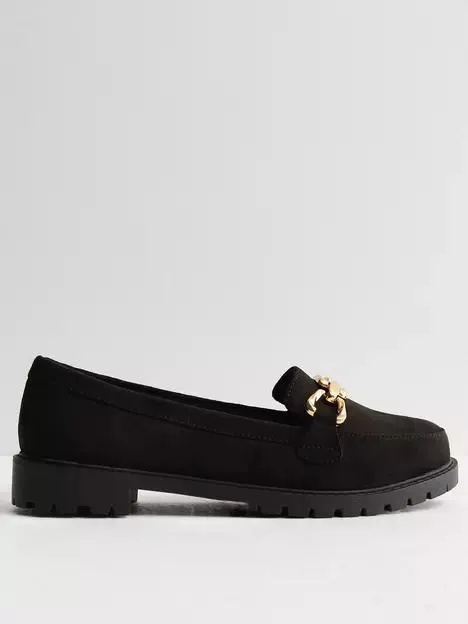 Wide Fit Black Suedette Gold Chain Chunky Loafers
