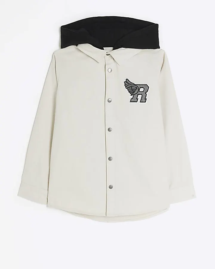 Boys Ecru Varsity Hooded Overshirt