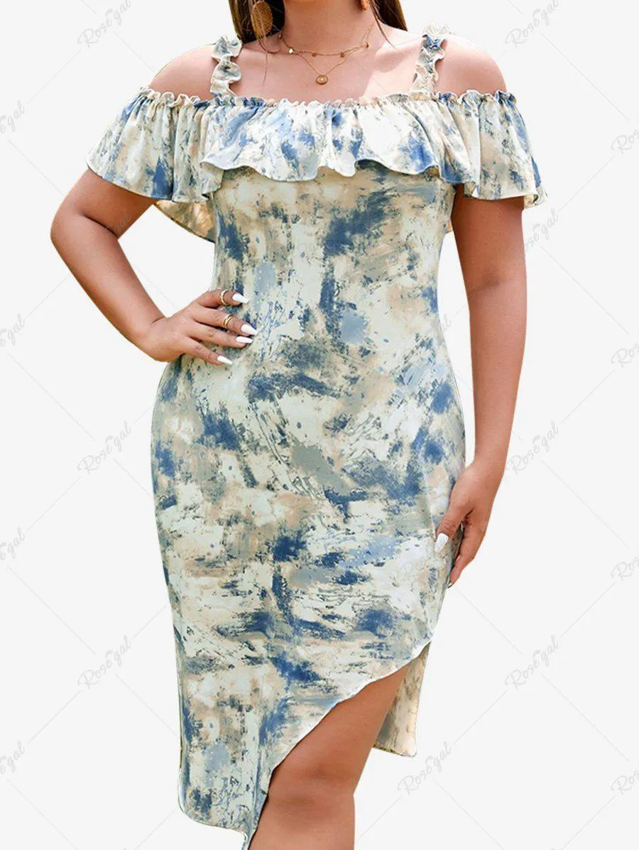 Plus Size Flounce Cold Shoulder Bodycon Asymmetric Dress - 3xl