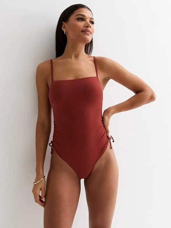 Square Neck Ruched Swimsuit - Rust