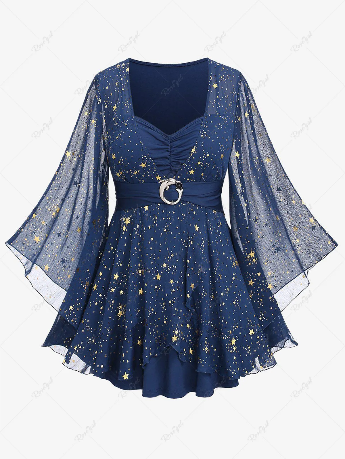 Plus Size Foil Stamping Star Print Buckle Ruched Sheer Layered T-shirt - 1x | Us 14-16