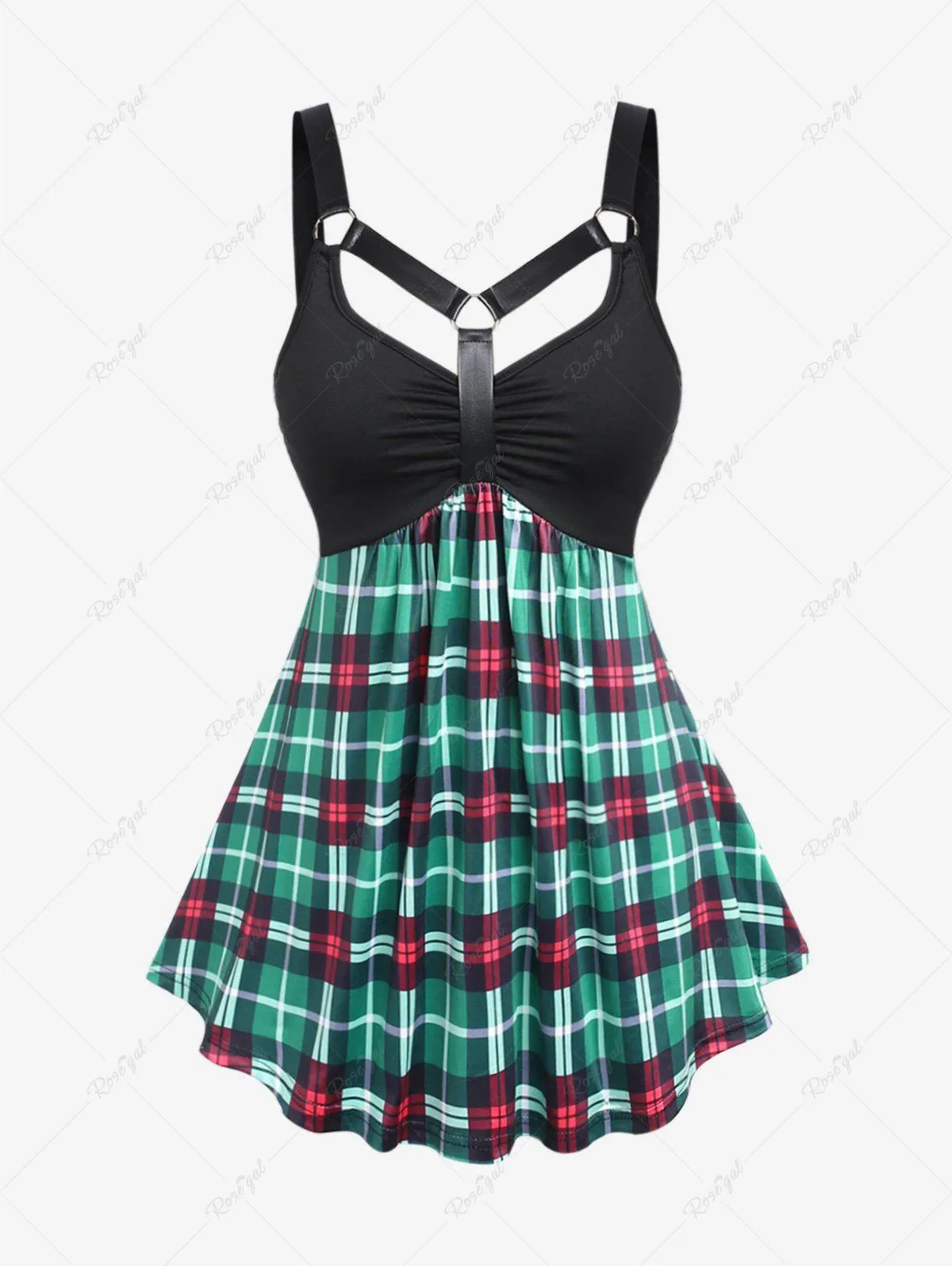 Plus Size O Rings PU Backless Plaid Tank Top - 3x | Us 22-24