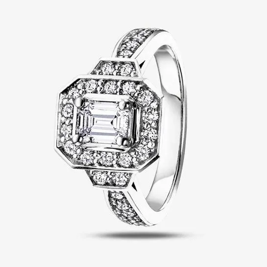 18ct White Gold 1.00ct Certificated Emerald-cut Diamond Halo Ring 3139WG/100-18
