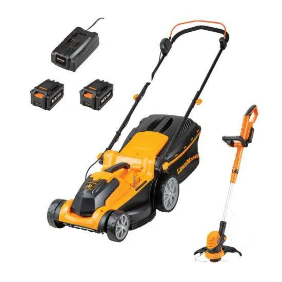 LawnMaster MX 24V 37cm Cordless Lawnmower and Grass Trimmer Set with 2 battery packs
