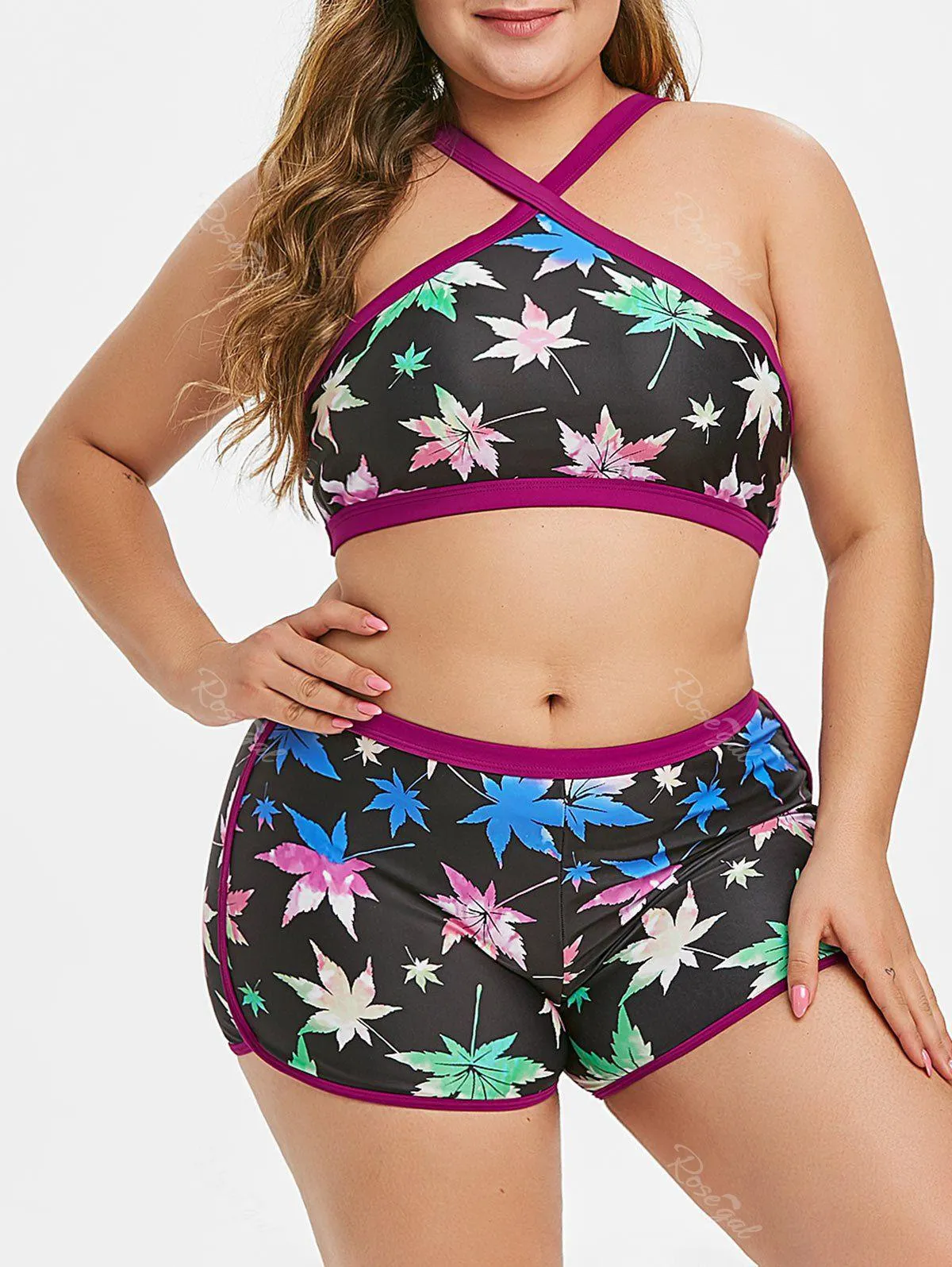 Plus Size Maple Leaf Crossover Boyshorts Bikini Swimsuit - 4x