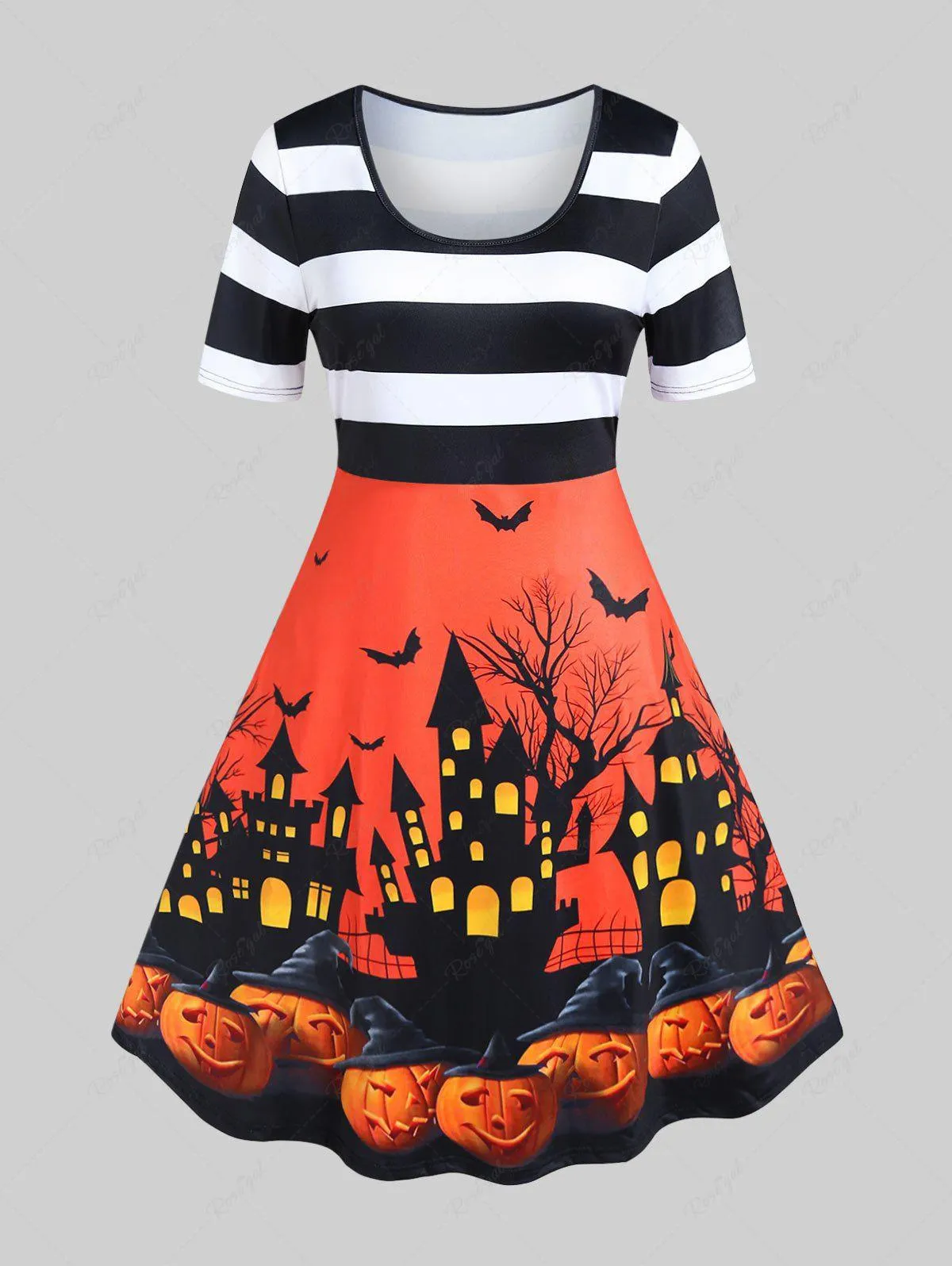 Halloween Bat Castle Pumpkin Printed Stripes Vintage A Line Dress - 5x | Us 30-32