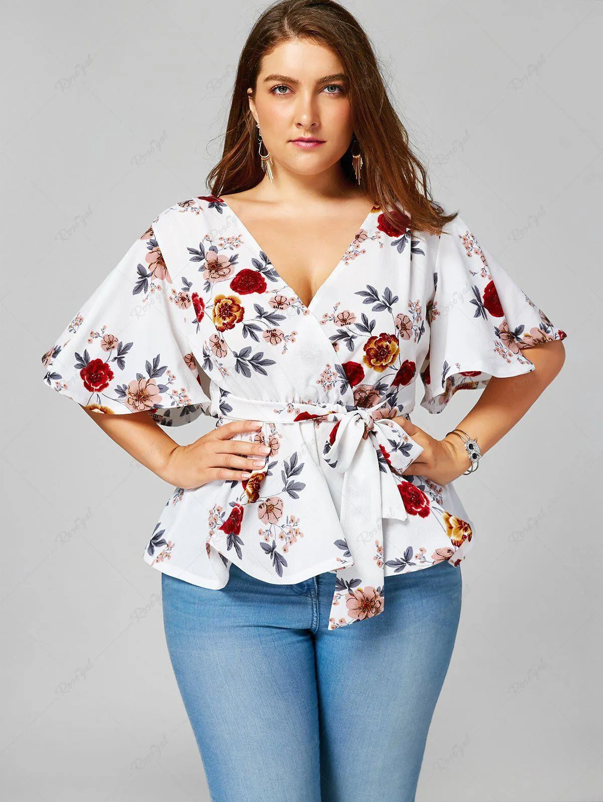 Plus Size Cottagecore Belted Floral Surplice Peplum Blouse - 4x | Us 26-28