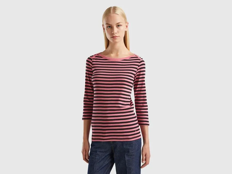 Striped 3/4 sleeve t-shirt in 100% cotton