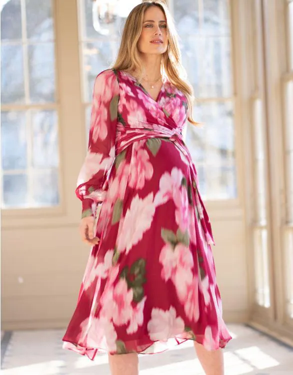 Berry Floral Wrap Maternity & Nursing Midi Dress