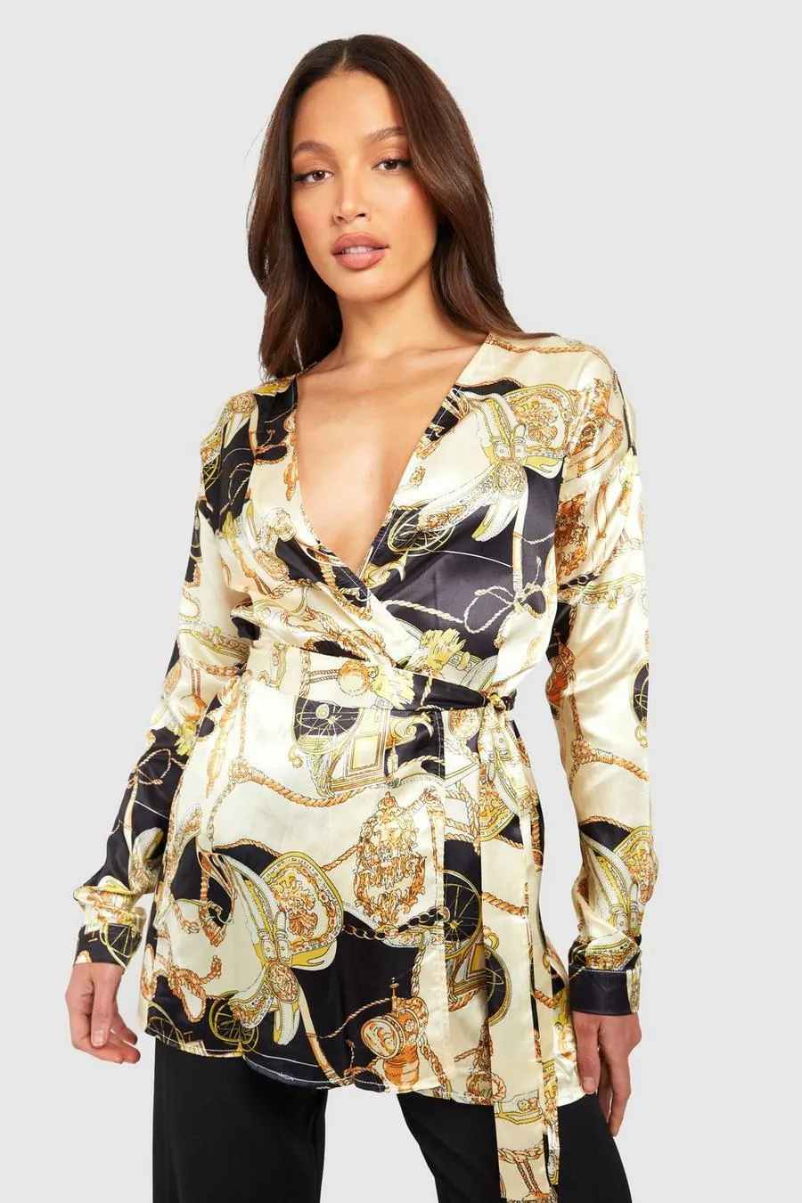 Tall Satin Chain Print Wrap Shirt