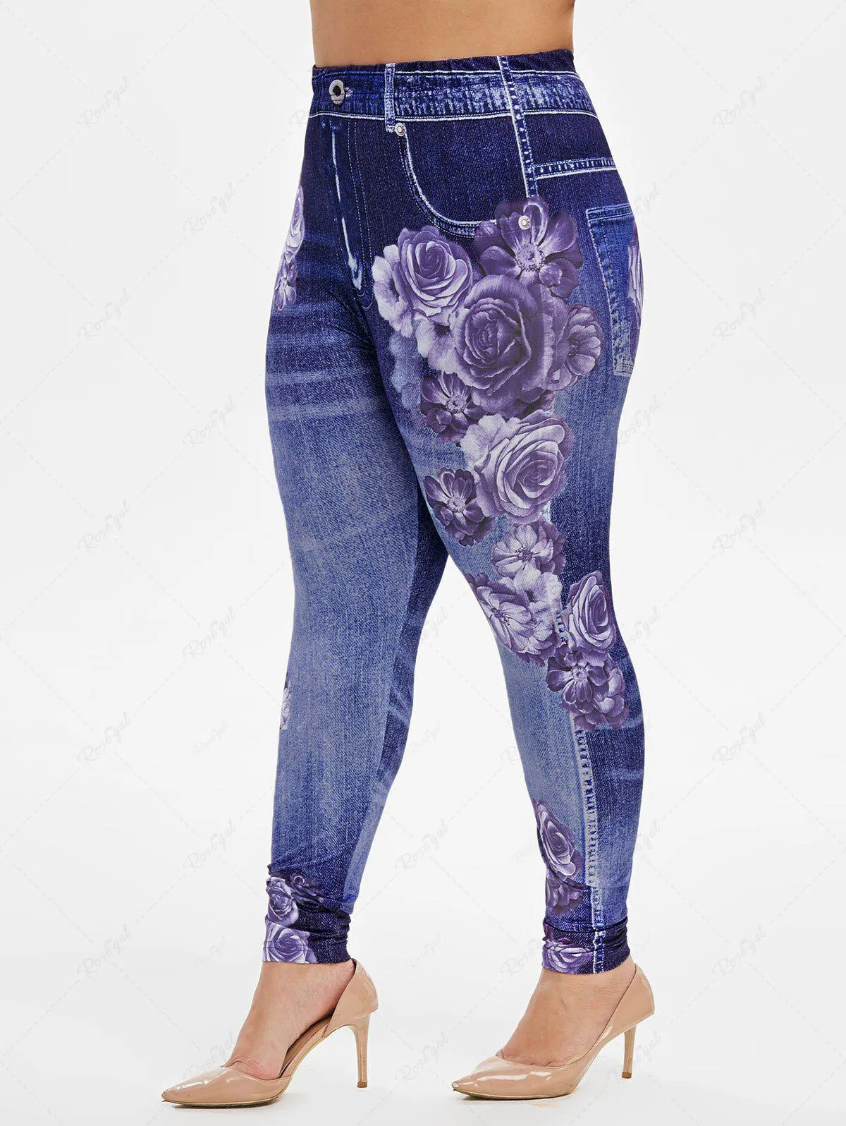 Plus Size High Waist Floral Print 3D Jeggings - 2x | Us 18-20