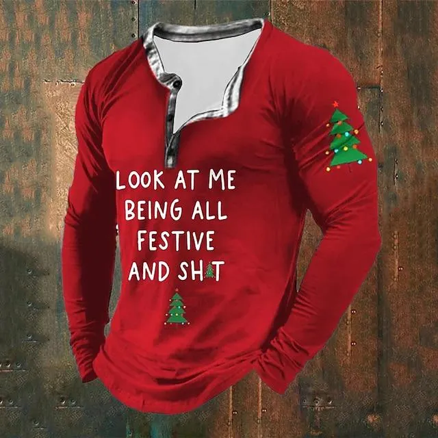 Graphic Letra Árbol de Navidad Moda Diario Casual Hombre Impresión 3D Henley Shirt Casual Festivos Noche Navidad Camiseta Negro Rojo Verde Trébol Manga Larga Henley Camisa Primavera & Otoño Ropa S M