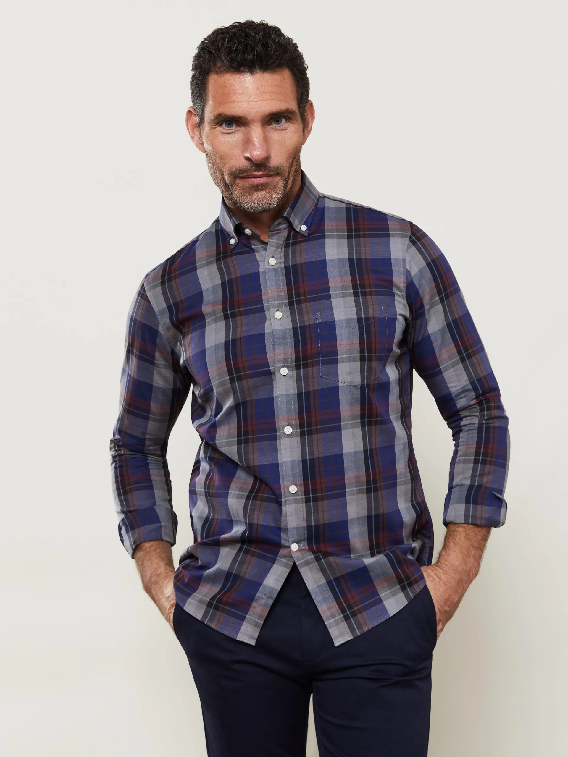 Large Check Slim Fit Navy Red Shirt