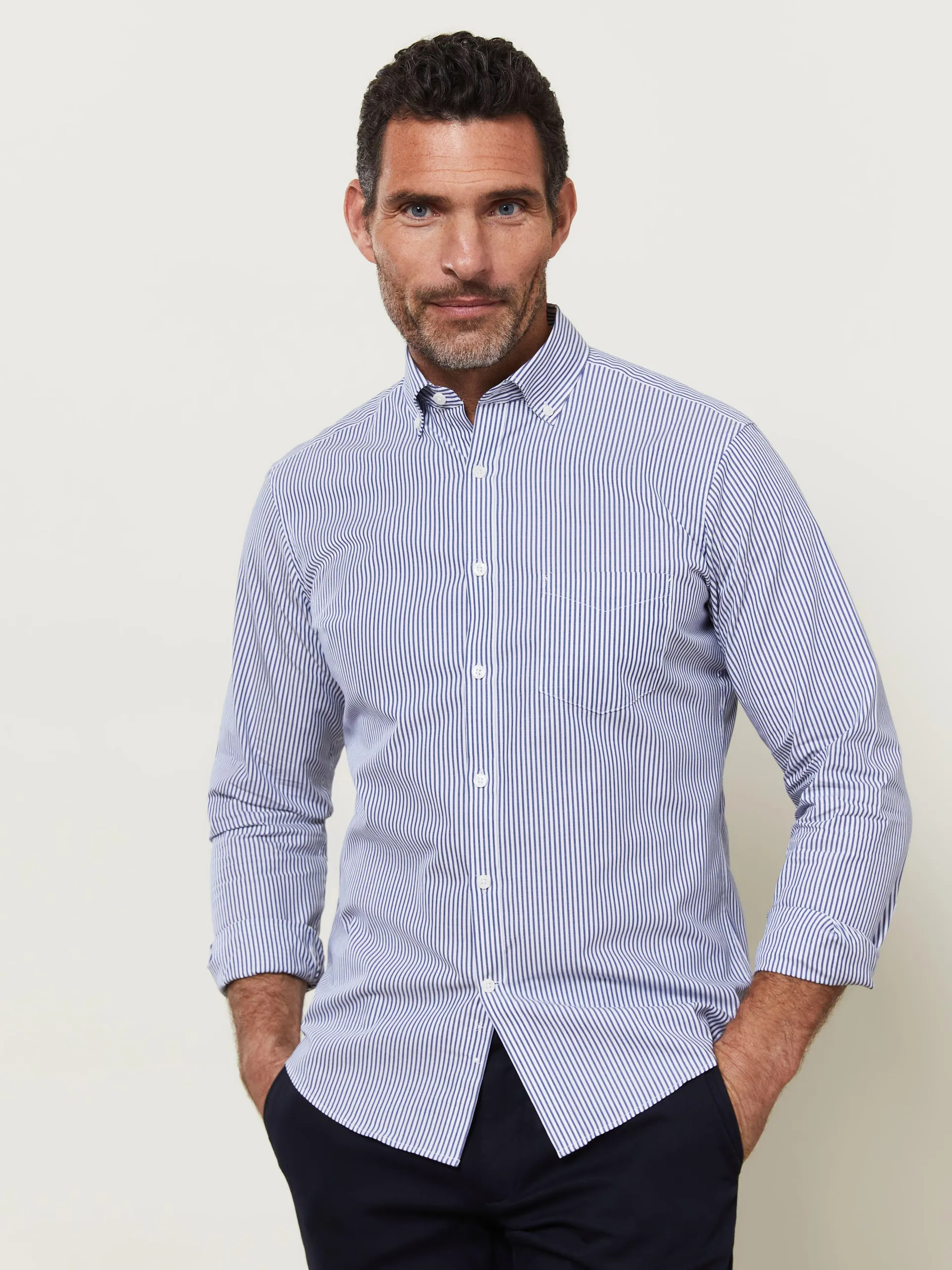 Slim Fit Navy and White Bengal Stripe Shirt