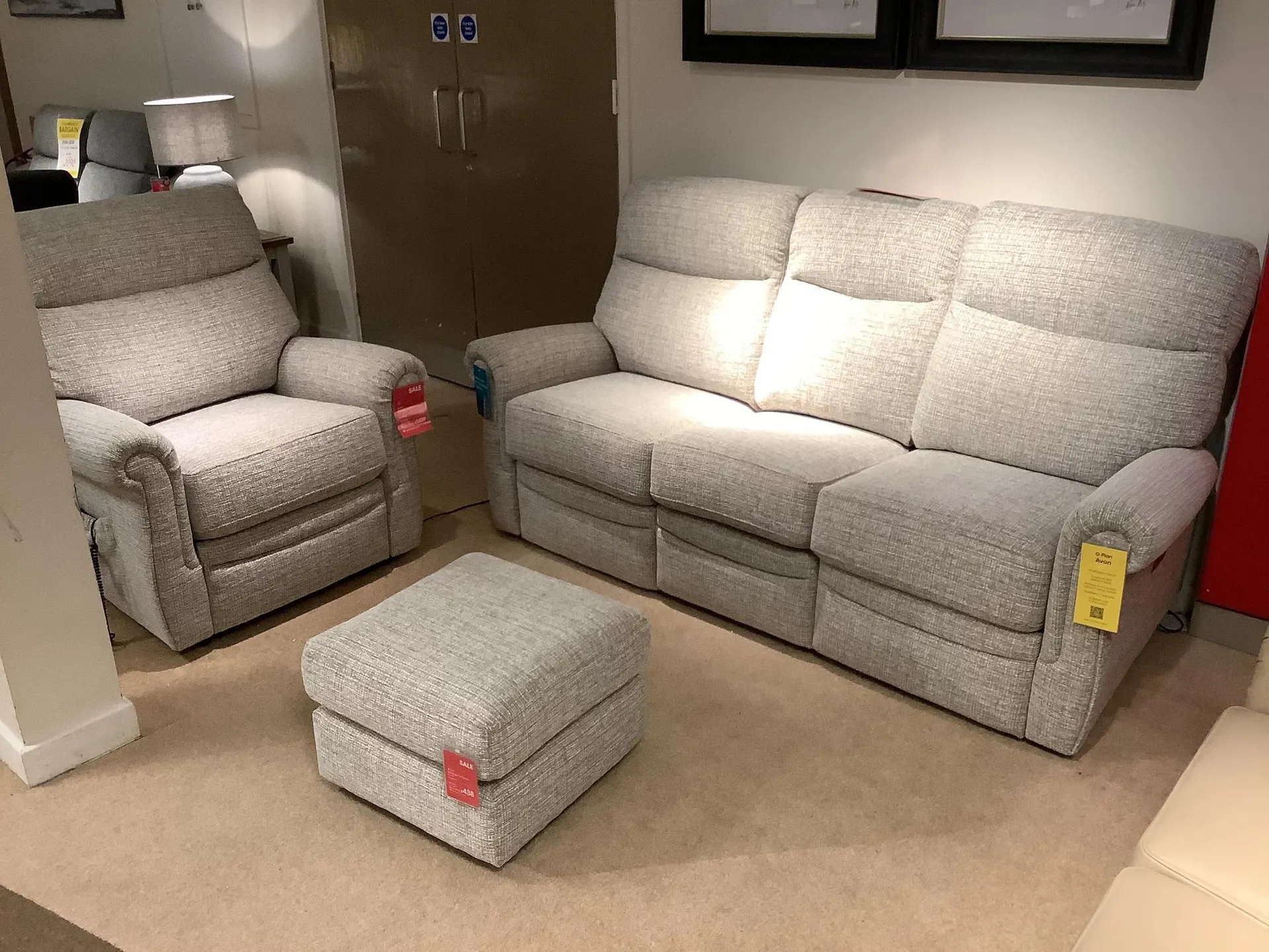 GPlan Avon 3str power rec Sofa, Elevate power Chair and Stool