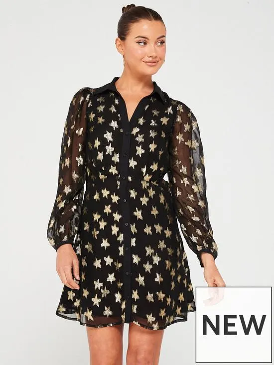 Lurex Jacquard Button Through Mini Shirt Dress - Black