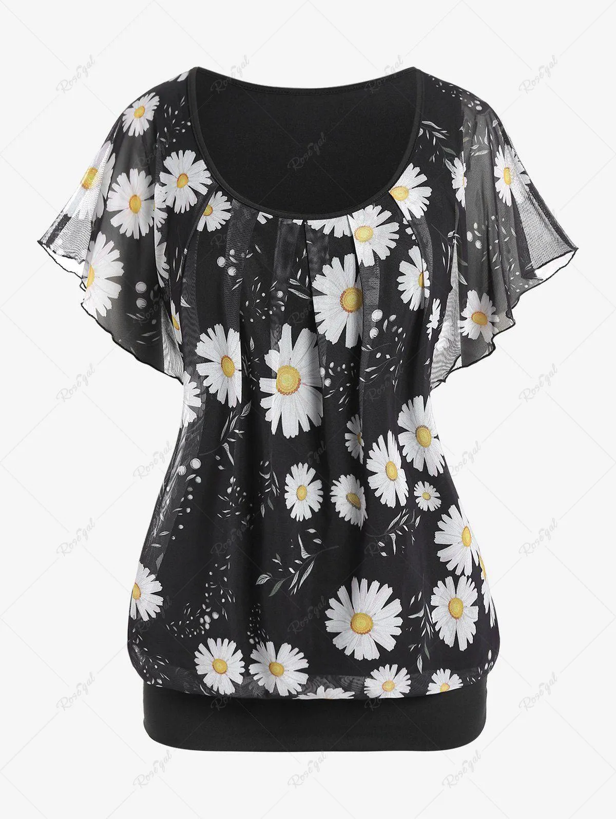 Plus Size Daisy Mesh Overlay Flutter Sleeves Blouson Tee - L | Us 12