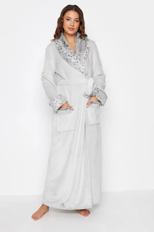 LTS Tall Light Grey Animal Print Shawl Maxi Dressing Gown