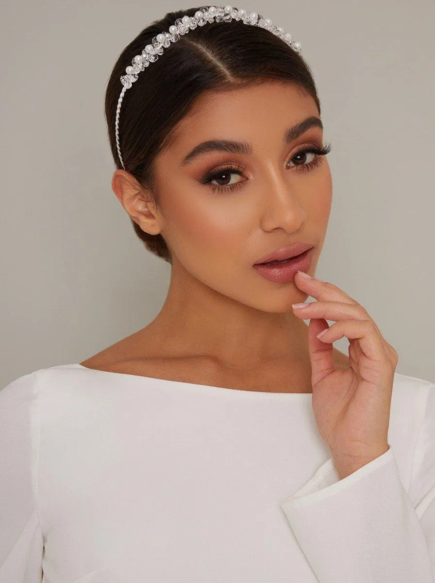 Embellished Faux Pearl Bridal Headband in Ivory