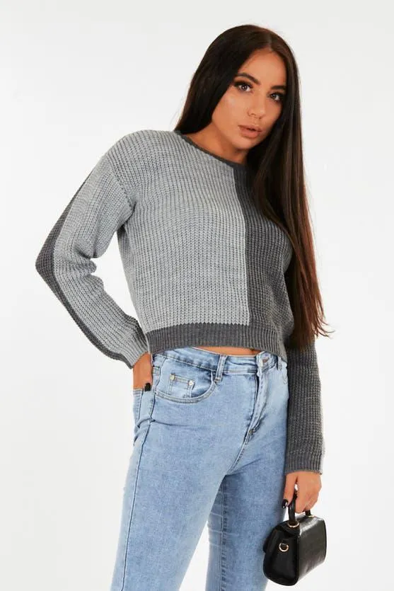Grey Colour Block Crop Jumper