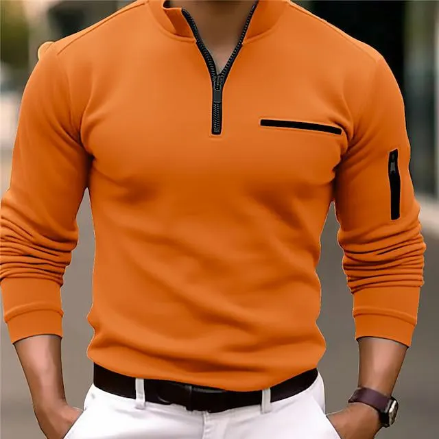Men's Polo Shirt Quarter Zip Polo Work Daily Wear Quarter Zip Long Sleeve Fashion Comfortable Plain Pocket Zip Up Spring & Fall Regular Fit Black White Navy Blue Orange Polo Shirt