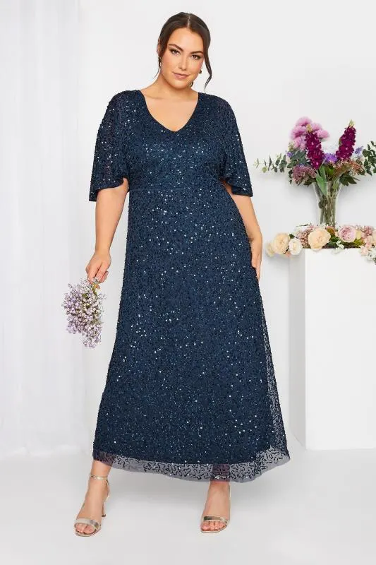 LUXE Curve Navy Blue Hand Embellished V-Neck Maxi Dress