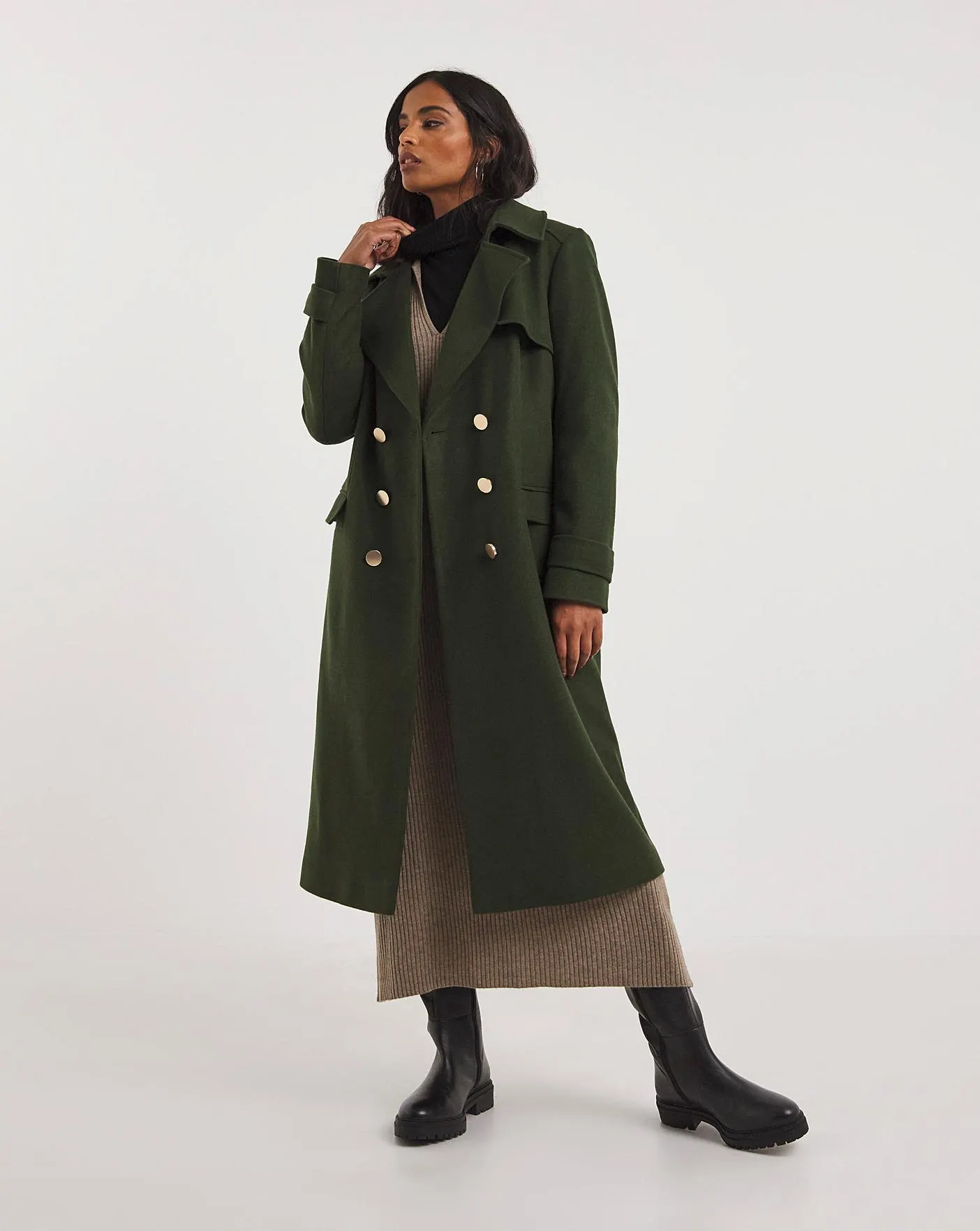 Khaki Wool Blend Military Coat