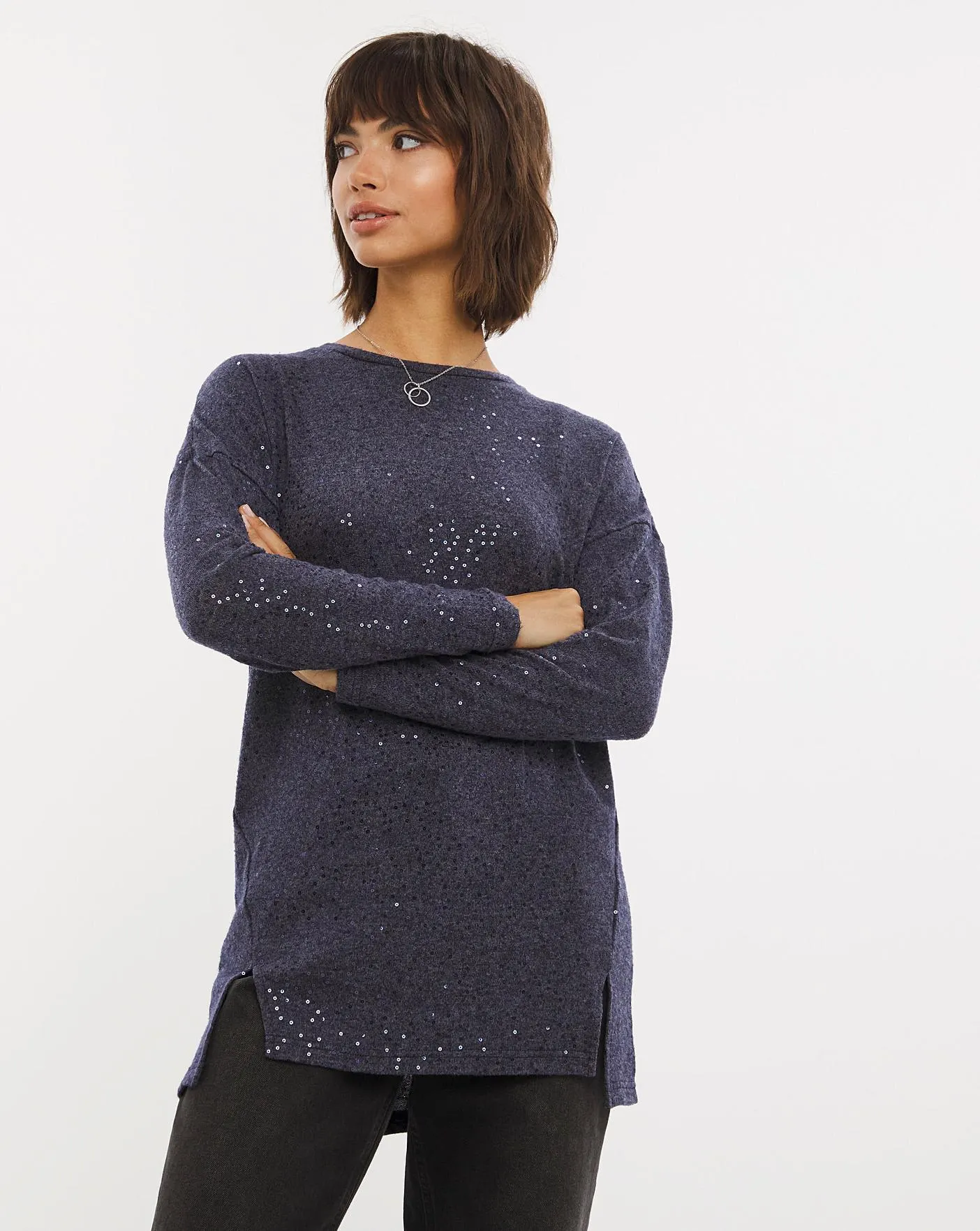 Knit Look Sequin Split Hem Tunic
