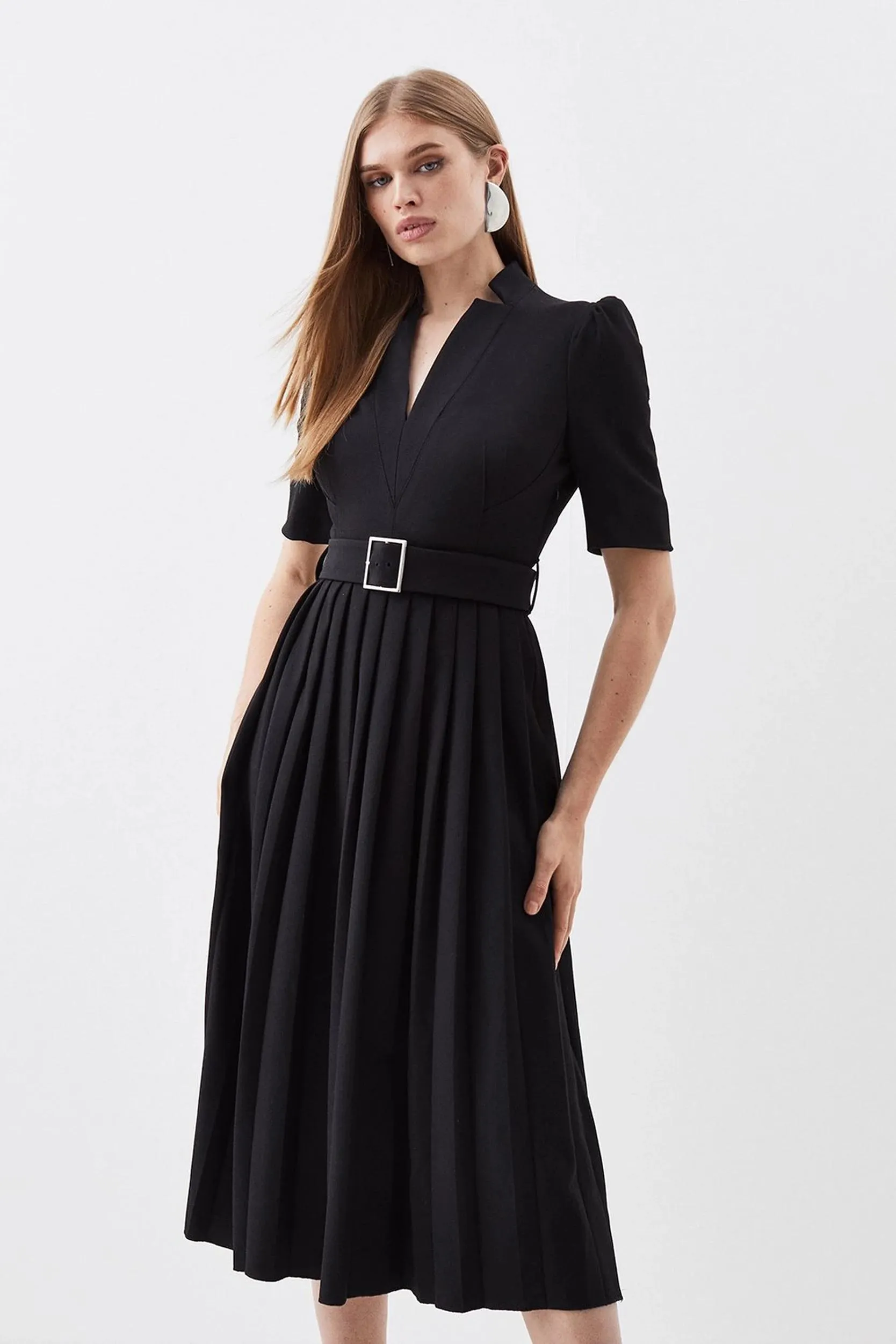 Petite Tailored Structured Crepe Forever Pleat Midi Dress