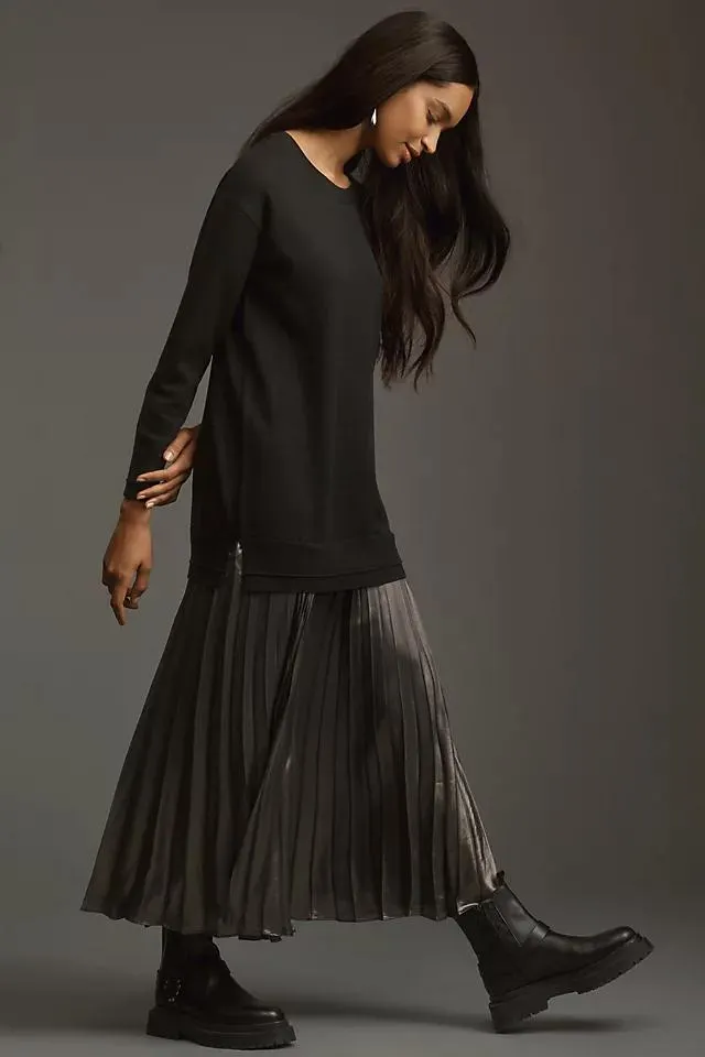 By Anthropologie Long-Sleeve Crew Neck Mockable Pleated Maxi Jumper Dress
